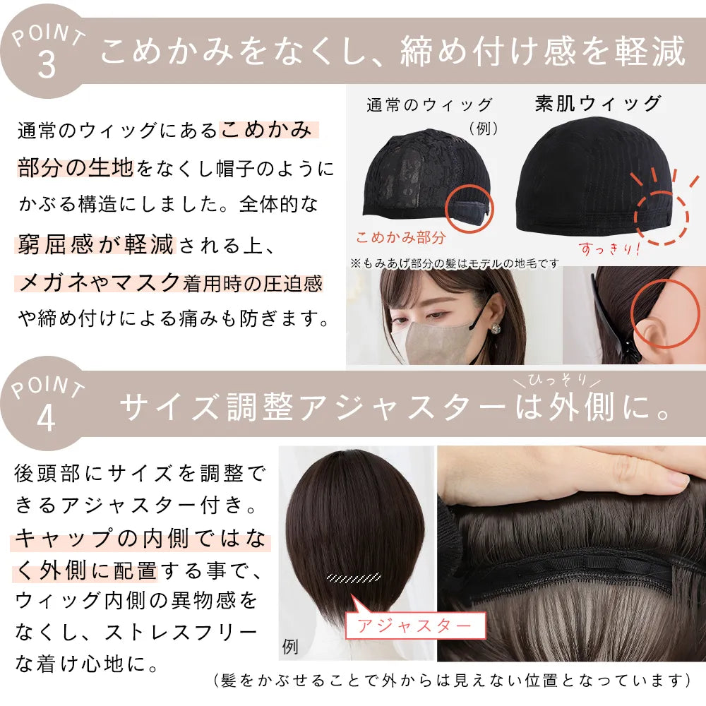 ｍサイズ　　ウィッグ付き 医療用ウィッグ 素肌ウィッグ 接触冷感 フロートカール&ルナレイヤー