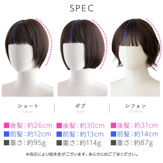 素肌ウィッグ 接触冷感 ショート&ボブ&シフォン 3タイプ SPEC