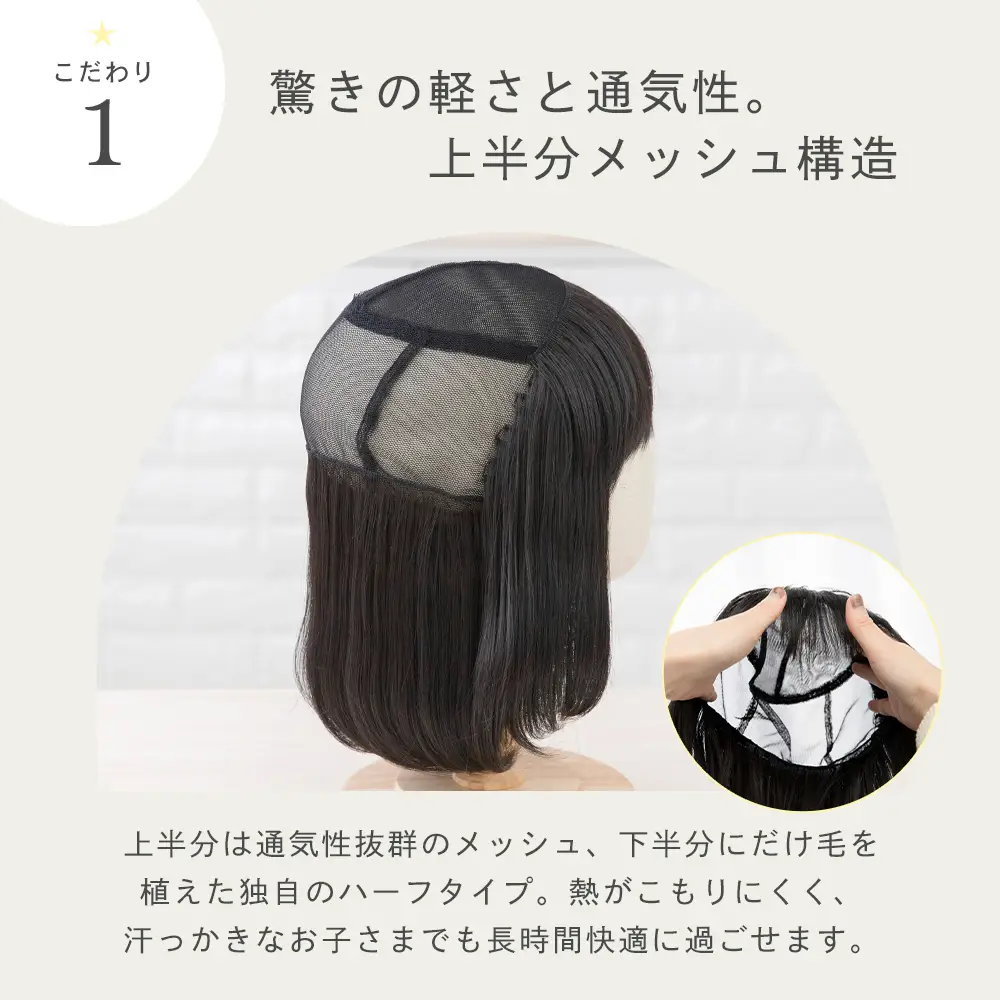 子供用 帽子と合わせるハーフメッシュウィッグ ゆるカールボブ3