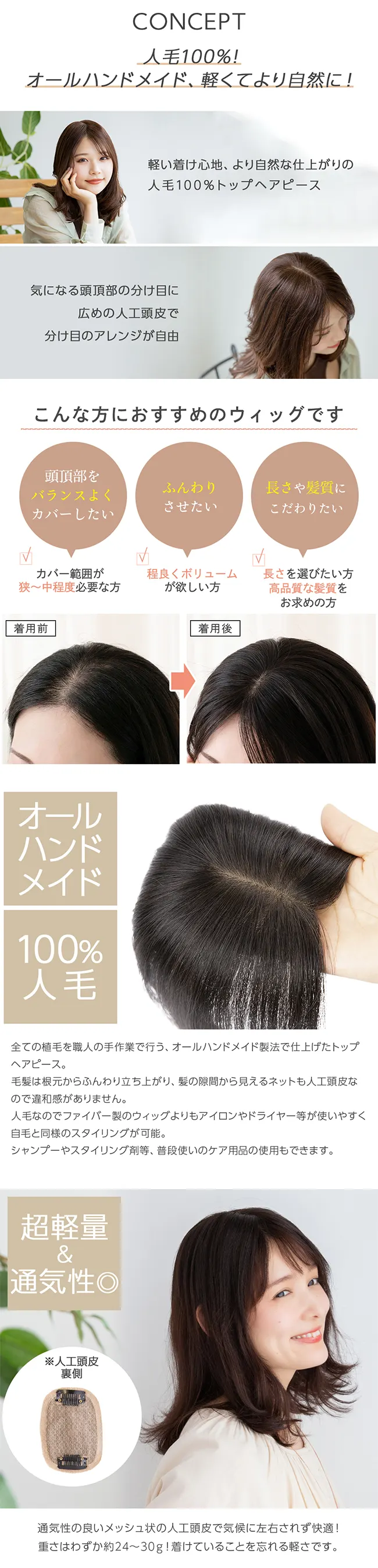 最高級人毛(レミー)100%トップヘアピース（ポイント/医療用ウィッグ