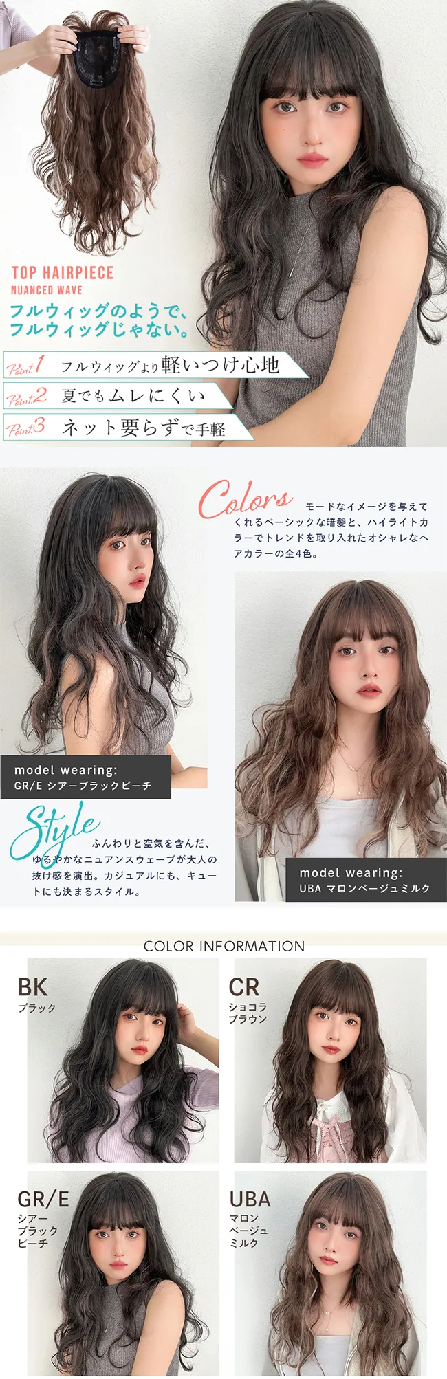 前髪付きフルカバートップヘアピース ニュアンスウェーブ p257 商品詳細1