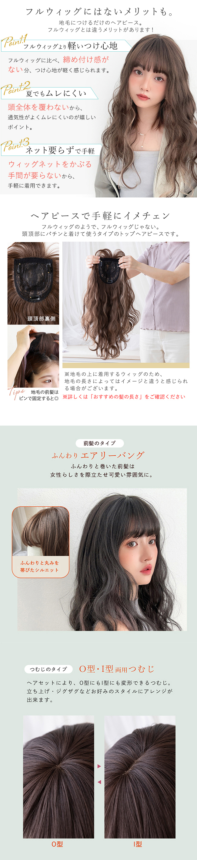 前髪付きフルカバートップヘアピース ニュアンスウェーブ p257 商品詳細2